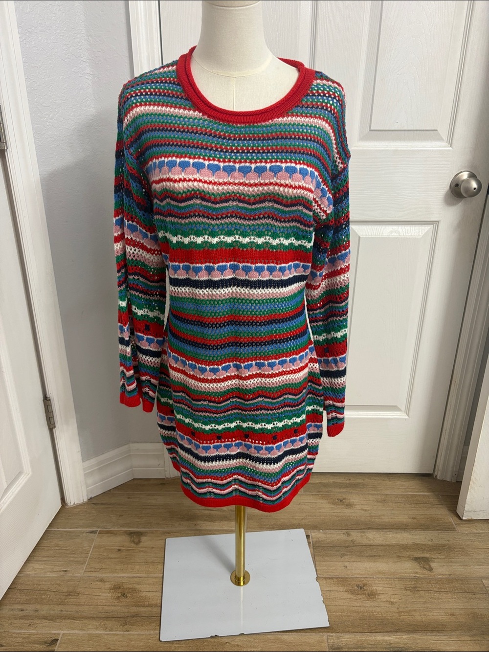 Colorful Striped Crochet-Knit Sweater Dress - Red Trim